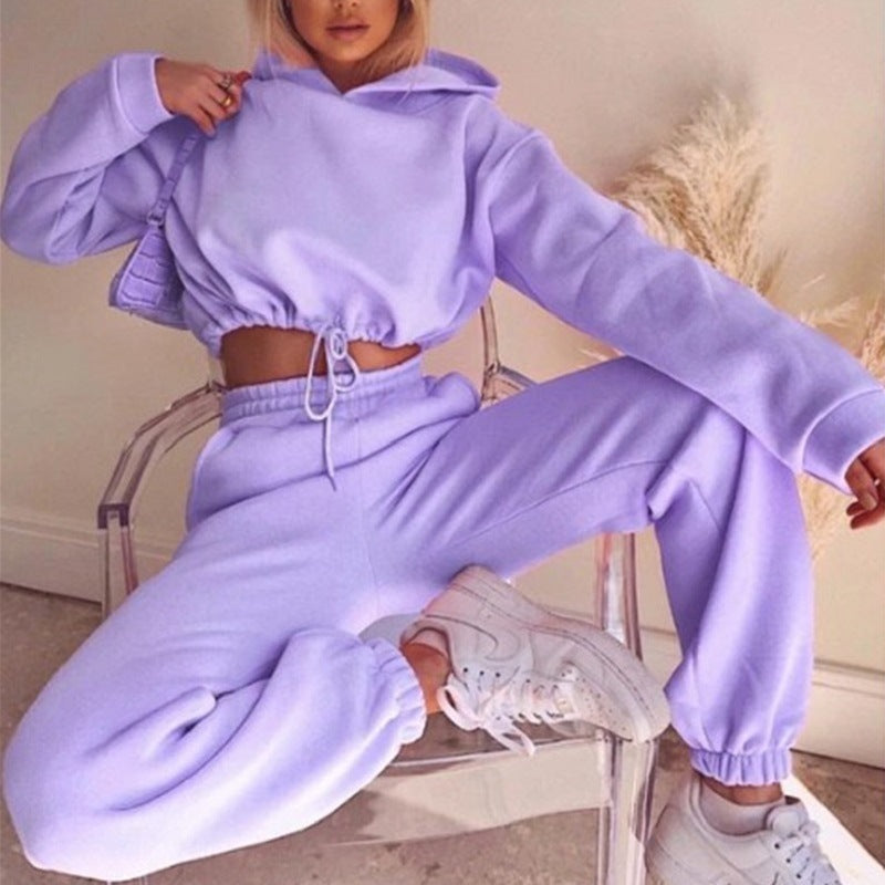 Comfy Long Sleeve Drawstring Cropped Hoodie and Comfy Sweatpants set