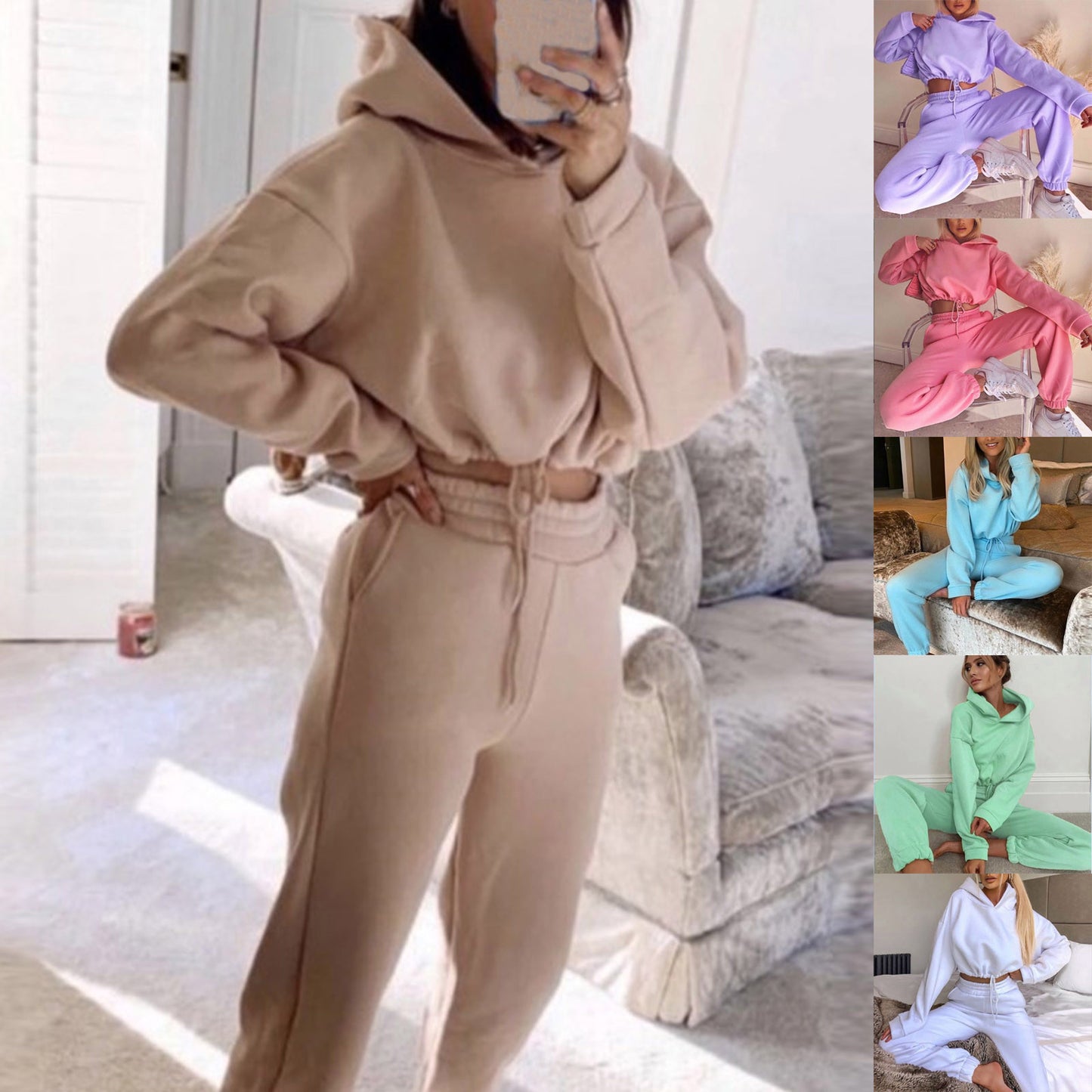 Comfy Long Sleeve Drawstring Cropped Hoodie and Comfy Sweatpants set