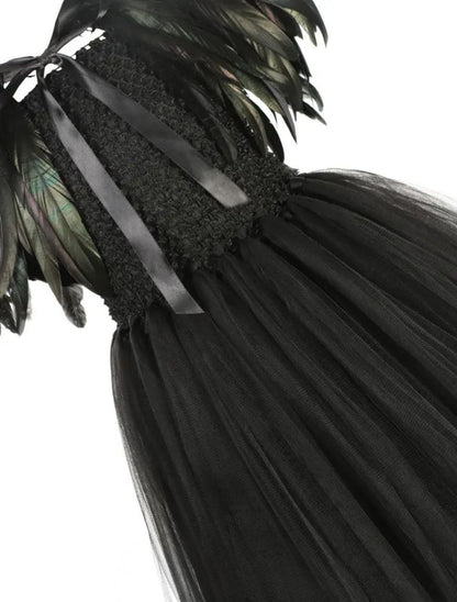 Deluxe Dark Fairy/Raven Costume – Feather Wings & Black Tulle Tutu Dress