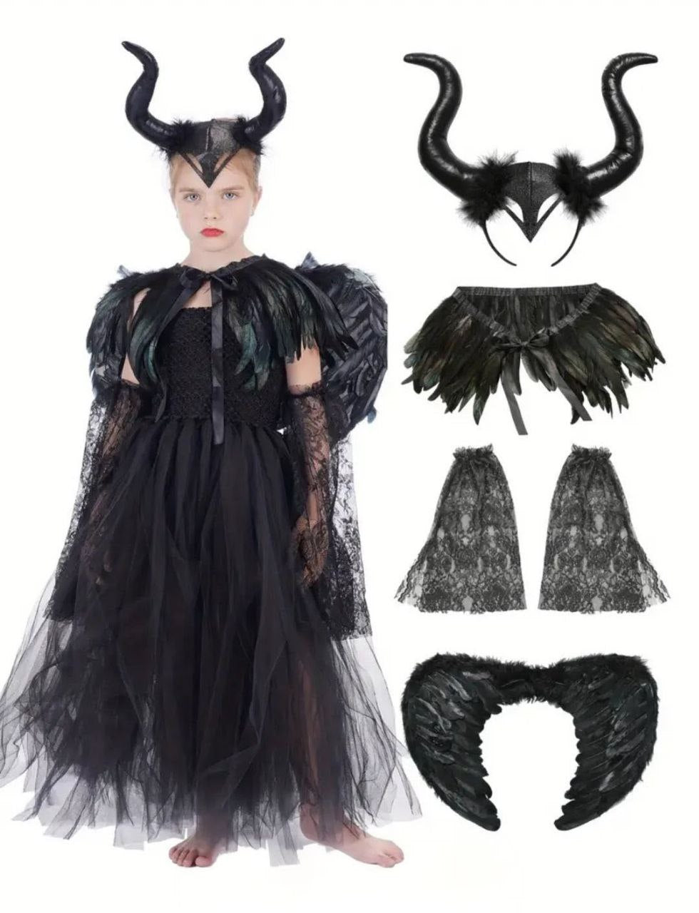 Deluxe Dark Fairy/Raven Costume – Feather Wings & Black Tulle Tutu Dress