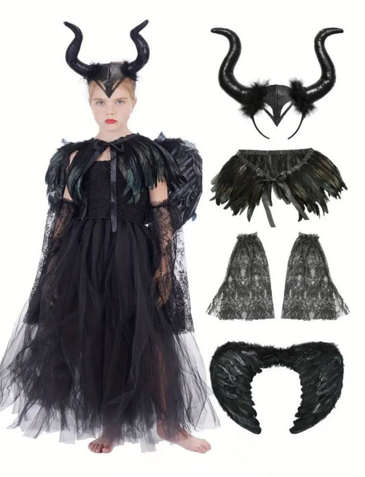 Deluxe Dark Fairy/Raven Costume – Feather Wings & Black Tulle Tutu Dress