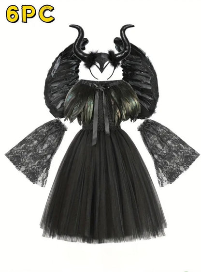 Deluxe Dark Fairy/Raven Costume – Feather Wings & Black Tulle Tutu Dress